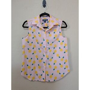 Lands End Pink Pineapple Print Sleeveless Button Up Shirt Sz 6P No Iron Supima